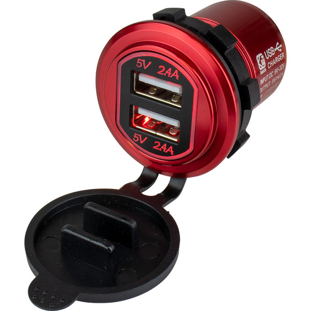 Sea-Dog Round Red Dual USB Charger with Quick Charge Port - 5V/4.8A, IP65 Rated