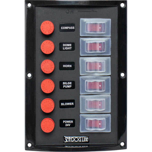 Sea-Dog Splash Guard Vertical Switch Panel with 6 Rocker Switches and Fuse Holders