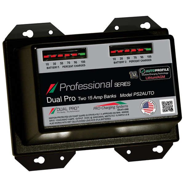 Dual Pro PS2 Auto 15A 2-Bank Lithium and AGM Battery Charger for Marine and Automotive Use