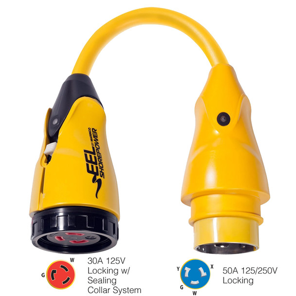 Marinco P504-30 EEL Pigtail Adapter – 30A-125V Female to 50A-125/250V Male with Sealing Collar System