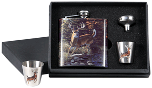 Rivers Edge Whitetail Deer 7 oz. Stainless Steel Pocket Flask Set with Funnel and Shot Glasses