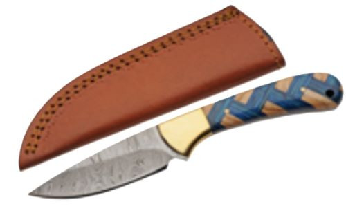 SZCO Rite Edge 3-Inch Damascus Stainless Steel Folding Knife with Blue Braid Handle and Leather Sheath