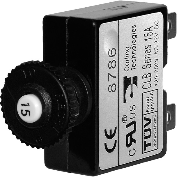 <b>7056</b><br>Push Button Thermal with Quick Connect Terminals<br><br>15A<br><br><ul><li>Ideal for 24-hour circuit protection<br><li>Incorporated into Blue Sea Systems' Waterproof Circuit Breaker panels and main Battery Main Distribution Panels<b...