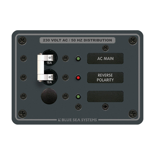 <b>230V AC Main + Branch A-Series Toggle Circuit Breaker Panel</b><br><br><b>PN:</b>8129<br>White Switches<br><br><br><li>(1) 16A Double Pole Circuit Breaker Installed</li><br><br><br><b>Features:</b><br><ul><li>230V<br><li>Red reverse polarity in...