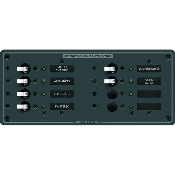 Blue Sea Systems 8411 AC 8-Position Panel with 6 Single Pole 15A Circuit Breakers