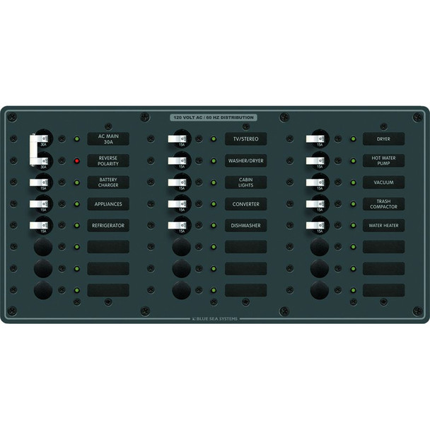 <b>AC Main + 22 Positions</b><br><br><br><br><li>(1) 30A Double Pole Circuit Breakers</li><br><li>(13) 15A Single Pole Circuit Breakers</li><br><br><br><ul><li>Red reverse polarity indicating LED <br><li>All hot, neutral and safety ground buses in...