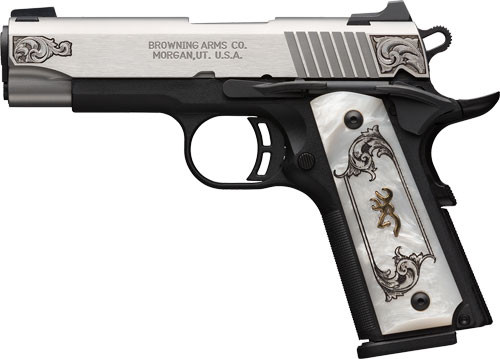 Browning 1911-380 SS/Engraved Semi-Auto Pistol with White Pearl Grips and Stainless Slide
