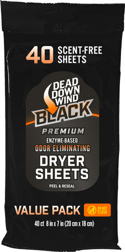 Dead Down Wind DDW Black Premium Dryer Sheets - Scent-Free, Sensitive Skin Safe, 40 Pack