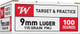 Winchester USA 9mm Luger 115 Grain Full Metal Jacketed Ammunition - 100 Rounds