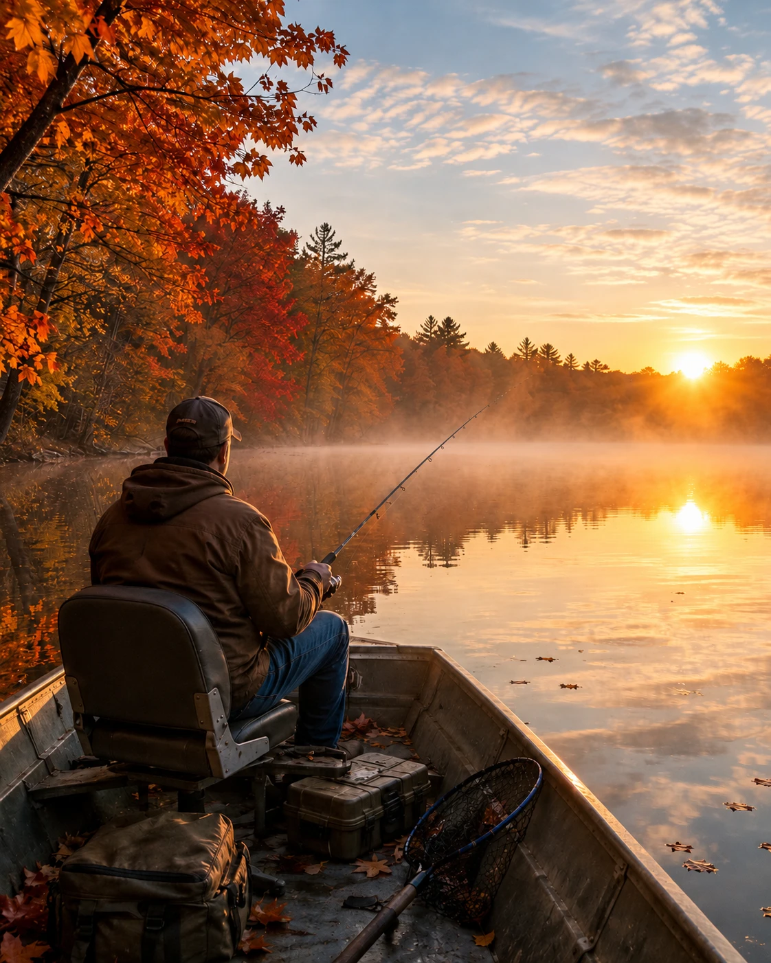 A summer stream fishing scene with an angler casting in clear water surrounded by green trees, great for promoting fishing rods, outdoor gear, tackle, and warm-weather fishing adventures.