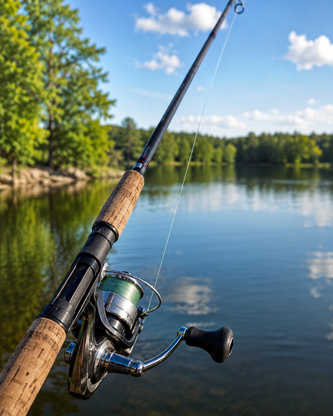 A summer fishing setup featuring a spinning reel and fishing pole beside a calm lake, perfect for promoting fishing gear, rods, reels, and outdoor summer adventures.