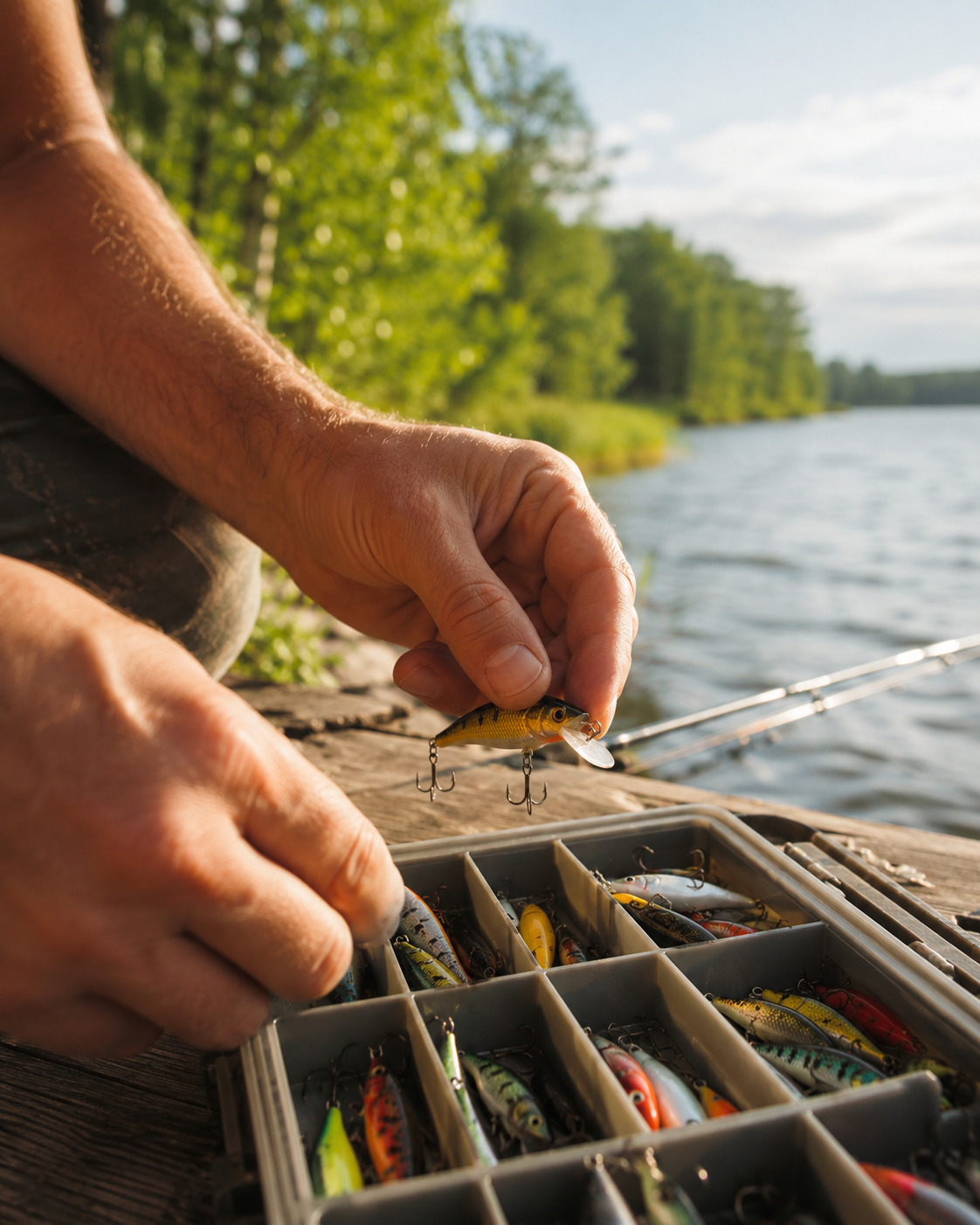 An angler selecting a fishing lure from a tackle box near the water, ideal for showcasing fishing lures, tackle boxes, crankbaits, and summer fishing supplies.