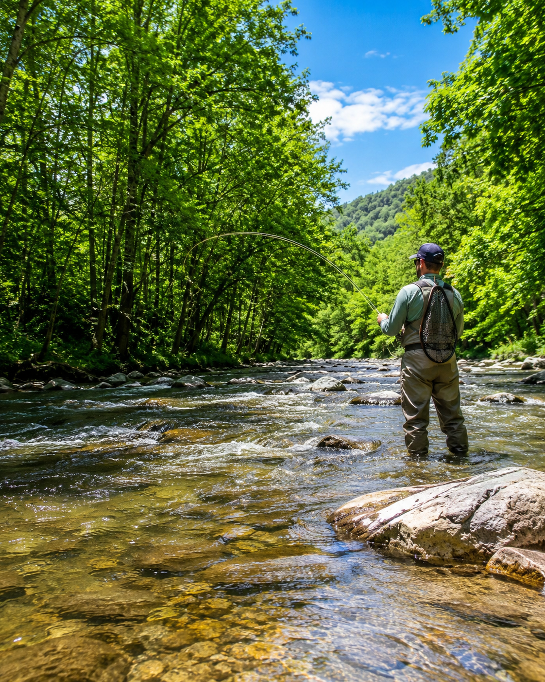 A summer stream fishing scene with an angler casting in clear water surrounded by green trees, great for promoting fishing rods, outdoor gear, tackle, and warm-weather fishing adventures.