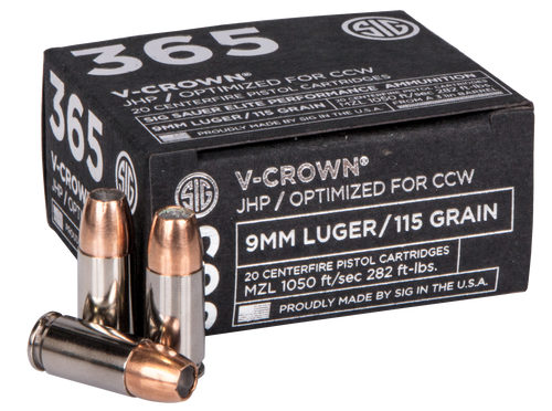 Sig Sauer E9MMA136520 Elite Performance 365 9mmLuger 115gr V-Crown Jacketed Hollow Point 20 Per Box/10 Case