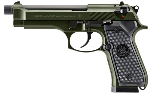 Beretta USA J92F300GRTB18 92FS  Full Size 9mm Luger 18+1 5.10" Black Threaded Barrel, OD Green Cerakote Serrated Slide, OD Green Cerakote Aluminum Frame w/Beavertail, Black Textured Grip