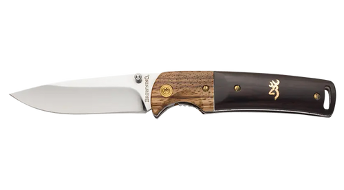 Browning 3220231 Buckmark Hunter EDC 3" Folding Drop Point, Plain Mirror Polished 8Cr14MoV SS Blade, Black/Natural Finger Grooved w/Brass Accents Hardwood Handle, Includes Pocket Clip