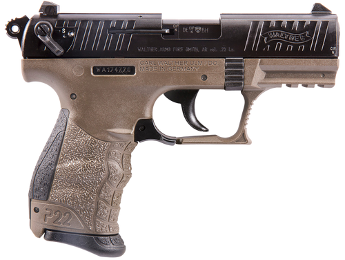 Walther Arms 5120363 P22 *CA Compliant 22 LR 10+1 3.42" Matte Black Tenifer Serrated/Steel Slide, Flat Dark Earth Polymer Frame w/Picatinny Rail, Black Interchangeable Backstrap Grips