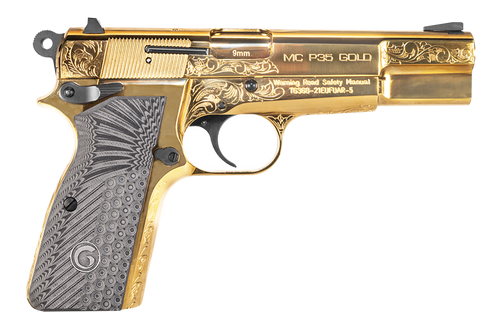 Girsan 390488 MC P35  9mm Luger 15+1 4.87" Gold Plated PVD Stainless Steel Barrel, Gold Finish Engraved Serrated Stainless Steel Slide, Gold Plated Steel Frame w/Beavertail, G10 Grip