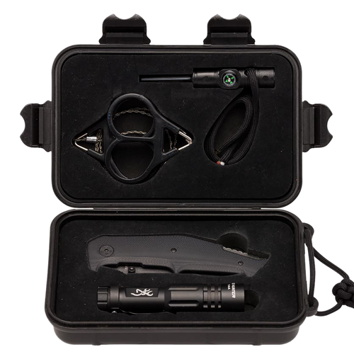 Browning 3220288 Outdoorsman Survival Kit 3.50" Folding Drop Point Plain Black Stonewashed 8Cr13MoV SS Blade/Black G10 Handle Includes Storage Case/Flashlight/Wire Saw/Fire Flint/Compass/Whistle