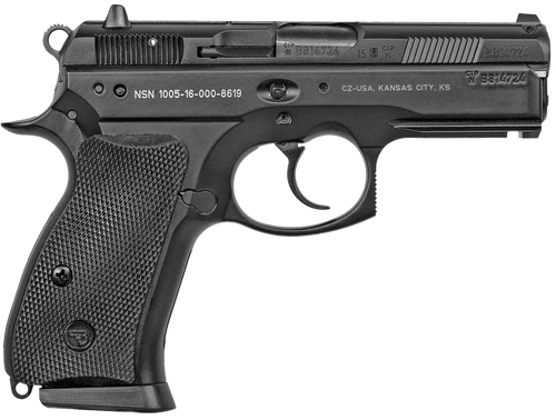 CZ-USA 01199 P-01 Compact Compact Frame 9mm Luger 10+1, 3.75" Blued Steel Barrel, Black Serrated Steel Slide, Black Polycoat Aluminum Frame w/Beavertail, Black Rubber Grip