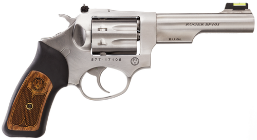 Ruger 5765 SP101  22 LR 8rd 4.20" Satin Stainless Steel Barrel, Cylinder & Frame, Black Rubber w/Wood Insert Grip, Transfer Bar Safety, Exposed Hammer