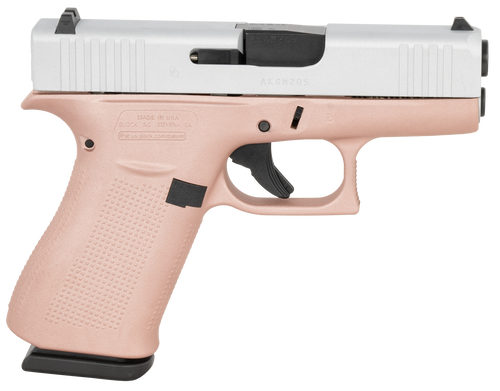 Glock UX4350204RGFCSS G43  Slim Sub-Compact Frame 9mm Luger 10+1 3.41" Black GMB Barrel, Crushed Silver Serrated Steel Slide, Rose Gold Polymer Frame w/Beavertail, Textured Polymer Grip, Ambidextrous