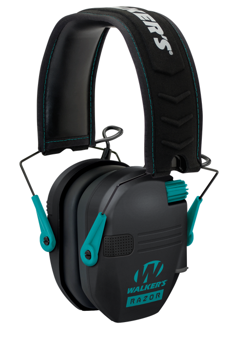Walker's GWPRSEMTL Razor Slim Electronic Muff 23 dB Over the Head Black Polymer w/Teal Accents