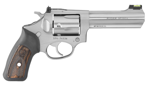 Ruger 5771 SP101  357 Mag 5rd 4.20" Satin Stainless Steel Barrel, Cylinder & Frame, Black Rubber w/Wood Insert Grip, Transfer Bar Safety, Exposed Hammer