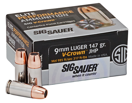 Sig Sauer E9MMA350 Elite Performance  9mmLuger 147gr V-Crown Jacketed Hollow Point 50 Per Box/10 Case