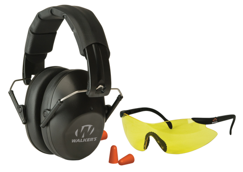 Walker's GWPFPM1GFP Pro Low Profile Passive Muff Combo Kit Includes Foam Ear Plugs, Low Profile 31 db Over the Head Passive Muff, Shooting Glasses w/Yellow Lens
