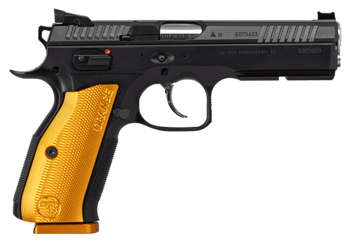 CZ-USA 91249 Shadow 2  9mm Luger 17+1 4.89" Stainless Steel Barrel, Black Nitride Serrated Steel Slide, Black Polycoat Steel Frame w/Beavertail & Picatinny Rail, Orange Aluminum Grip, Ambidextrous