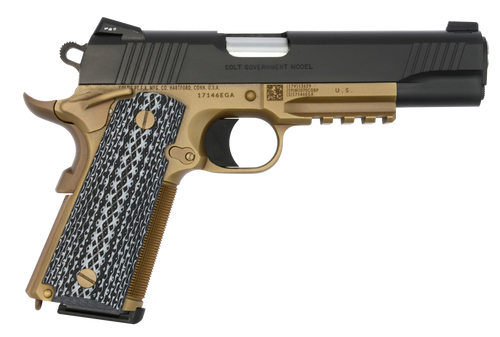 Colt Mfg O1070CQBFB Custom CQB 45 ACP 8+1 5" Stainless National Match Barrel, Black Serrated Carbon Steel Slide, Flat Dark Earth Steel Frame w/Picatinny Rail, Black G10 Grip, Ambidextrous