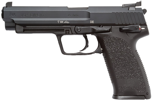HK 81000365 USP Expert V1 SA/DA 45 ACP Caliber with 5.19" Barrel, 10+1 Capacity, Overall Black Finish, Serrated Trigger Guard Frame, Serrated Long Steel Slide & Polymer Grip Includes 2 Mags