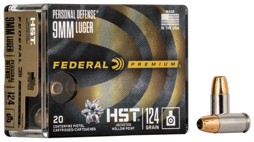 Federal P9HST1S Premium Personal Defense 9mmLuger 124gr HST Jacketed Hollow Point 20 Per Box/10 Case