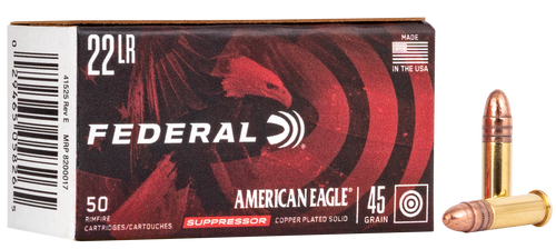 Federal AE22SUP1 American Eagle Suppressor 22LR 45gr Copper Plated Round Nose 50 Per Box/100 Case