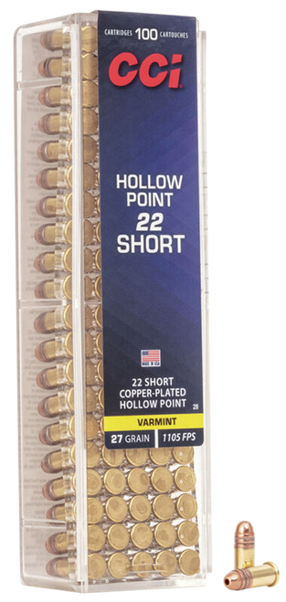 CCI 0028 VNT Rimfire 22Short 27gr Copper Plated Hollow Point 100 Per Box/50 Case