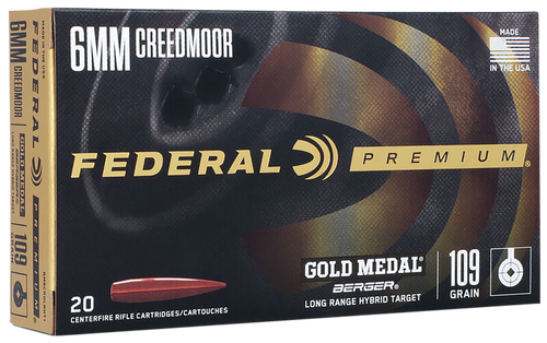 Federal GM6CRDLRHT1 Premium Gold Medal 6mmCreedmoor 109gr Berger Long Range Hybrid Target 20 Per Box/10 Case