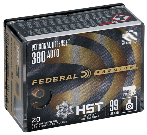 Federal P380HST1S Premium Personal Defense Micro 380ACP 99gr HST Jacketed Hollow Point 20 Per Box/10 Case