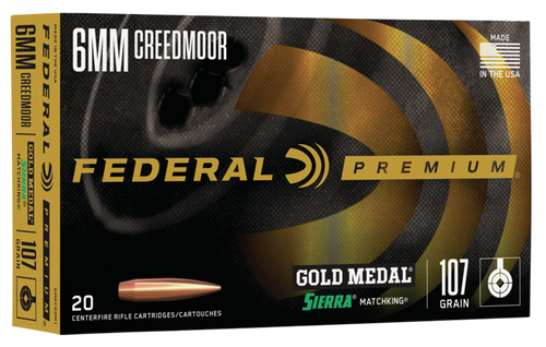 Federal GM6CRDM1 Premium Gold Medal 6mmCreedmoor 107gr Sierra MatchKing BTHP 20 Per Box/10 Case