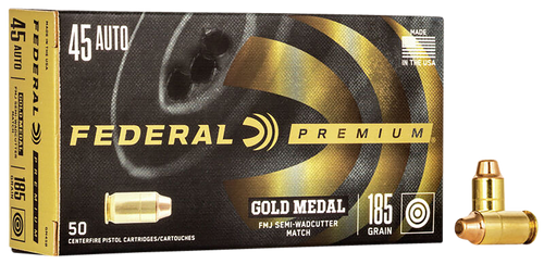 Federal GM45B Premium Gold Medal 45ACP 185gr Full Metal Jacket Semi Wadcutter 50 Per Box/20 Case