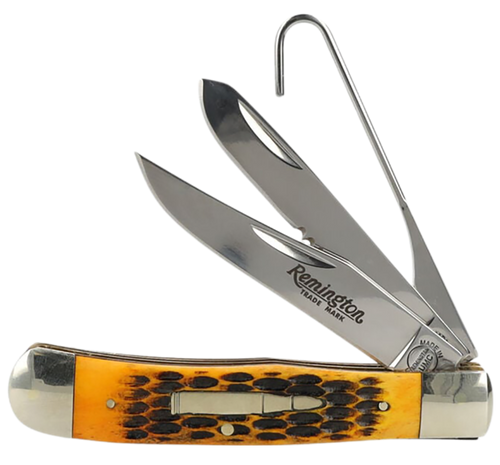 Remington Accessories R15696 Bullet Waterfowler Pocket Folding Clip Point/Gut Hook/Spey Gut Hook/Part Serrated/Plain Polished Carbon Steel Blade, Burnt Dark Amber Jigged Bone Handle