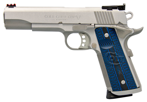 Colt Mfg O5073XE Gold Cup Trophy 38 Super 9+1 5" Stainless National Match Barrel, Stainless Steel Serrated Slide & Frame w/Beavertail, Blue Scalloped G10 Grip, Ambidextrous