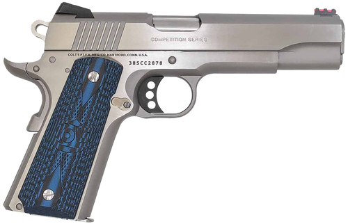 Colt Mfg O1073CCS Competition Government 38 Super 9+1 5" Stainless National Match Barrel, Serrated Slide & Frame w/Beavertail, Checkered Blue G10 Grip, Ambidextrous
