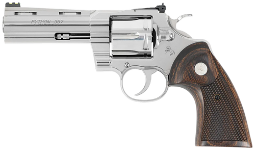Colt Mfg PYTHONSP4WFTG Python Target 357 Mag/38 Special 6 Shot 4.25" Polished Stainless Steel Recessed Target Vent Rib Barrel, Cylinder & Frame, Walnut w/Medallion Grip, Exposed Hammer