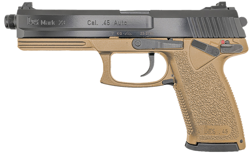 HK 81000869 Mark 23  45 ACP 10+1 5.87" Black Threaded Barrel, Black Cerakote Serrated Steel Slide, Flat Dark Earth Polymer Frame w/Accessory Rail, Textured Grip