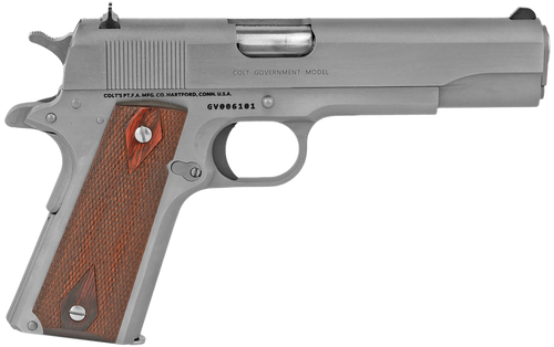 Colt Mfg O1911CSS38 1911 Government 38 Super 9+1 5" Stainless National Match Barrel, Serrated Stainless Steel Slide & Frame w/Beavertail, Diamond Checkered Rosewood