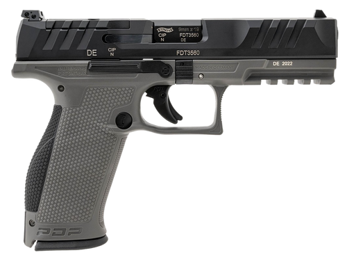 Walther Arms 2858371 PDP  9mm Luger 18+1 4.50" Black Polygonal Rifled Barrel, Black Optic Ready/Serrated Slide, Gray Polymer Frame w/Picatinny Rail, Black Performance Duty Texture Grips, Ambidextrous