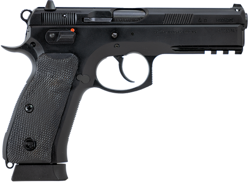 CZ-USA 89352 75 SP-01  Full Size Frame 9mm Luger 19+1 4.60" Black Steel Barrel, Black Steel Serrated Slide, Black Polycoat Steel Frame w/Beavertail & Picatinny Rail, Black Rubber Grip, Right Hand