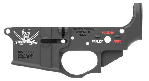 Spikes STLS016CFA Calico Jack Stripped Lower Receiver Multi-Caliber 7075-T6 Aluminum Black Anodized with Color Fill for AR-15