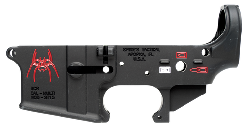 Spikes STLS019CFA Spider Stripped Lower Receiver Multi-Caliber 7075-T6 Aluminum Black Anodized with Color Fill for AR-15